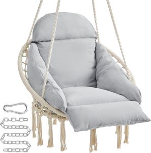 SONGMICS Scaun suspendat tip hamac cu perna groasa, stil scandinav, cadru metalic, include lant si carabiniera, 120 kg, bej si gri