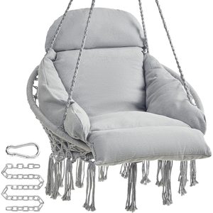 SONGMICS Scaun suspendat tip hamac cu perna groasa, stil scandinav, cadru metalic, include lant si carabiniera, 120 kg, gri