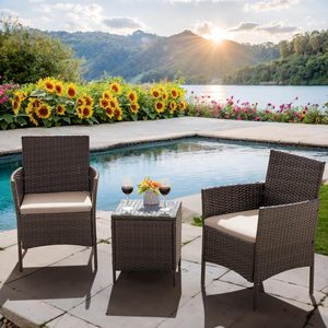 SONGMICS Set mobilier gradina cu 2 locuri, 2 scaune si masa cu sticla, ratan PE, maro