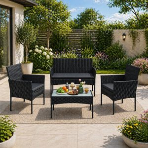 SONGMICS Set mobilier gradina 4 locuri, canapea, 2 scaune si masa cu sticla, ratan PE, negru si gri
