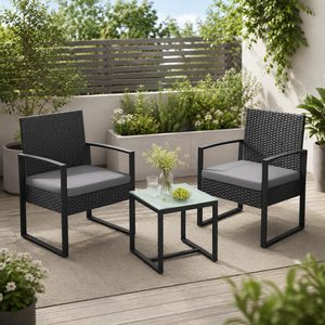 SONGMICS Set mobilier pentru gradina cu 2 scaune cu perne si masuta, cadru metalic, impletitura PE, negru si gri
