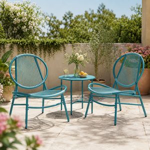 SONGMICS Set bistro gradina 3 piese, scaune Acapulco si masa diametru 50 cm, cadru metalic, albastru
