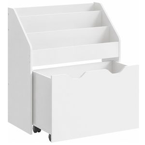 SONGMICS Raft pentru carti si jucarii copii, cu lada de depozitare pe roti, 3 rafturi, 63x30x70 cm, alb