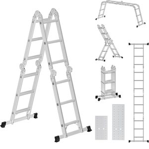 SONGMICS Scara multifunctionala din aluminiu, cu 2 placi tip platforma, 12 trepte, sarcina 150 kg, gri