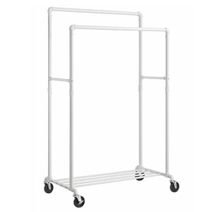 SONGMICS Suport haine cu 2 bare si raft, cu roti, cadru metalic, design industrial, 100x59x162 cm, alb