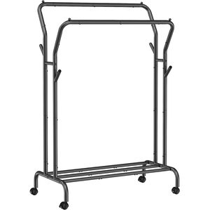 SONGMICS Suport pentru haine pe roti, cu polita, sina dubla, cadru metalic, sarcina 100kg, 53x104x155cm, negru