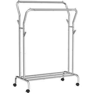 SONGMICS Suport pentru haine pe roti, cu polita, sina dubla, cadru metalic, sarcina 100kg, 53x104x155cm, inox argintiu