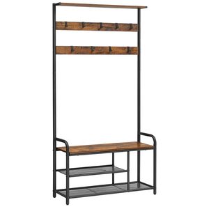 VASAGLE Cuier hol cu banca si raft pantofi, 9 carlige, cadru metalic, stil industrial, 85x30x181 cm, maro rustic