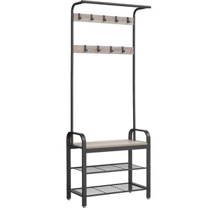 VASAGLE Cuier pentru haine cu banca de depozitare pantofi, cu 9 carlige si sina pentru haine, 34x72x183 cm, gri si negru