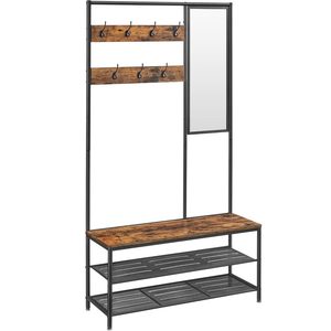 VASAGLE Cuier cu rafturi depozitare pantofi si ​​oglinda, industrial, 35x98x180 cm, maro rustic si negru