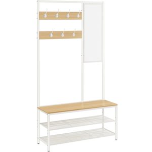 VASAGLE Cuier cu rafturi depozitare pantofi si ​​oglinda, industrial, 35x98x180 cm, maro stejar si alb