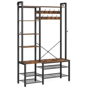 VASAGLE Cuier hol cu banca si raft pantofi, 9 carlige, design industrial, 120x40x190 cm, maro rustic