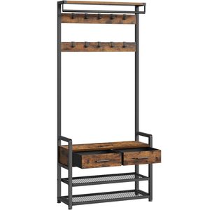 VASAGLE Cuier cu polite de depozitare pantofi si 2 sertare, cadru din otel, stil industrial, 30x80x182cm, maro rustic