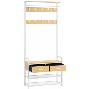 VASAGLE Cuier cu polite de depozitare pantofi si 2 sertare, cadru din otel, stil industrial, 30x80x182cm, stejar auriu si alb