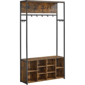 VASAGLE Cuier pentru hol cu banca si pantofar, raft superior, carlige reglabile, cadru metalic, stil industrial, 100x32x180 cm, maro rustic