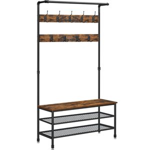 VASAGLE Cuier pentru haine cu 9 carlige si suport pentru pantofi, stil industrial, cadru din otel, 100x42x182 cm