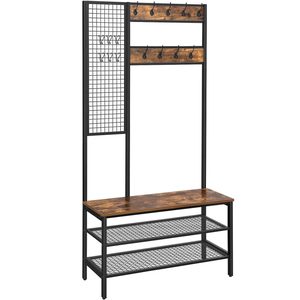 VASAGLE Cuier pentru haine cu banca, 2 polite pantofi, 9 carlige, cu perete grilaj, 185x98x40cm, vintage, maro inchis