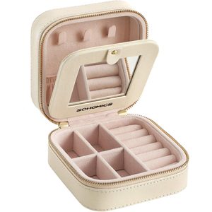 SONGMICS Cutie bijuterii de calatorie Gisella cu oglinda, compartimente pentru inele, cercei si coliere, 11x11x6 cm, bej