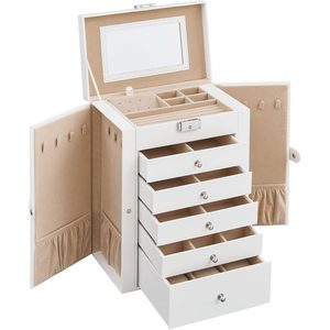 SONGMICS Cutie de bijuterii cu 6 nivele, 5 sertare, oglinda si incuietoare, spatiu pentru ceasuri, 26x15x32cm, alb