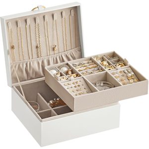 SONGMICS Cutie bijuterii 2 niveluri cu tava detasabila, compartimentata, MDF si catifea, 24x21x11 cm, alb