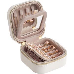 SONGMICS Cutie de bijuterii compacta cu oglinda si fermoar, 11x11x6 cm, alb