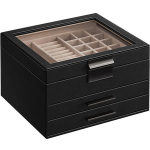 SONGMICS Cutie de bijuterii cu 3 nivele, 2 sertare, capac din sticla si incuietoare, 20x23x14cm, negru