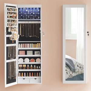 SONGMICS Dulap de bijuterii cu oglinda, montare pe perete, incuietoare, 37x10x120cm, alb