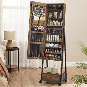 SONGMICS Oglinda de podea cu suport mobil pe roti, spatiu de depozitare, 42x37x153 cm, maro rustic