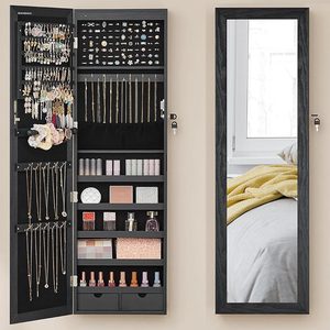 SONGMICS Dulap pentru bijuterii cu oglinda, montare pe perete sau usa, material MDF, inchidere cu cheie, 120x37x10 cm, negru
