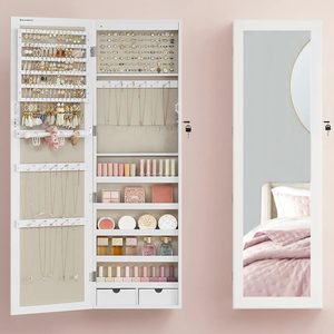 SONGMICS Dulap pentru bijuterii cu oglinda, montare pe perete sau usa, material MDF, inchidere cu cheie, 120x37x10 cm, alb