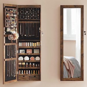 SONGMICS Dulap pentru bijuterii cu oglinda, MDF, iluminare LED, montare pe perete sau usa, 37x10x120 cm, maro rustic