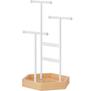 SONGMICS Stand organizator de bijuterii, cu cadru metalic, suport cercei, bratara, colier, inele, 18x21x36cm, alb