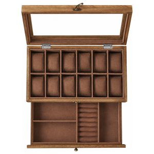SONGMICS Cutie pentru 12 ceasuri cu sertar pentru bijuterii, capac din sticla, interior catifea, lemn, 34x19x13 cm, nuc rustic