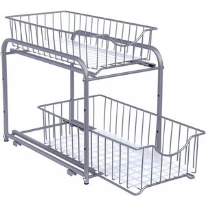 SONGMICS Raft organizator de depozitare cu 2 niveluri, cu sertare glisante, pentru bucatarie sau baie, 21x37x34cm, argintiu