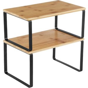 SONGMICS Set 2 rafturi de bucatarie suprapozabile, pentru ustensile sau condimente, 20x30x16cm, natur si negru