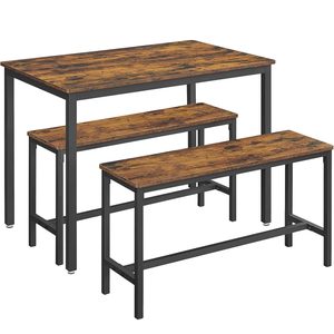 VASAGLE Masa de bar cu 2 banci, design industrial, 110x70x75 cm, maro rustic