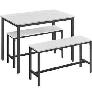 VASAGLE Masa de bar cu 2 banci, design industrial, 110x70x75 cm, alb marmura