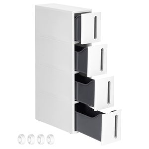 SONGMICS Etajera ingusta cu roti, pentru baie sau bucatarie, cu 4 sertare, 45x17x84 cm, alb