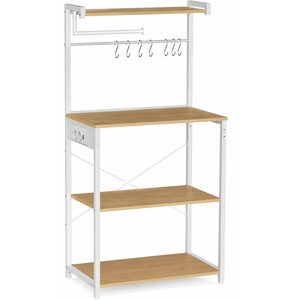 VASAGLE Raft pentru bucatarie cu 4 polite, suport microunde, priza incorporata, cadru metalic, 60x40x140 cm, stejar auriu si alb