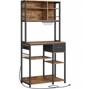 VASAGLE Raft bucatarie cu sertar si 12 carlige, 4 rafturi reglabile, 4 prize incorporate, stil industrial, 80x40x180 cm, maro rustic