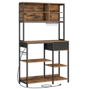 VASAGLE Raft bucatarie cu polite reglabile si sertar, 4 prize integrate, cadru metalic, stil industrial, 110x41x180 cm, maro rustic