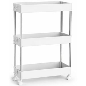 SONGMICS Carucior ingust de depozitare pe roti, pentru bucatarie sau baie, din plastic, cu 3 nivele, 42x14x61 cm, alb