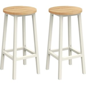 VASAGLE Set 2 scaune bar inalte, sezut rotund, cadru din otel, inaltime 65 cm, stil industrial, stejar bej