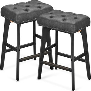 VASAGLE Set 2 scaune bar cu tapiterie piele ecologica, picioare din lemn, 44x32x66 cm, negru