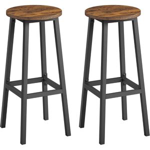 VASAGLE Set 2 scaune bar inalte, sezut rotund, cadru din otel, inaltime 74 cm, stil industrial, maro rustic si negru