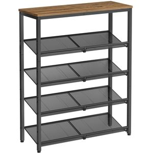 VASAGLE Raft de pantofi, 5 nivele reglabile din plasa, pentru 12-16 perechi, 75x28x93 cm, maro rustic