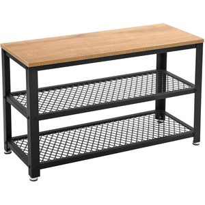 VASAGLE Banca pantofi cu 2 rafturi, cadru metalic si sezut din PAL, stil industrial, 73x30x45 cm, stejar si negru