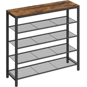 VASAGLE Raft de pantofi, cu 4 rafturi din plasa, cadru din otel, industrial, 30x100x92cm, maro rustic si negru