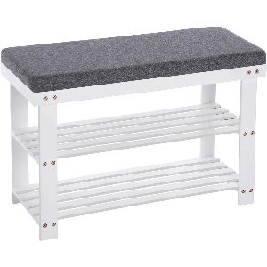 SONGMICS Banca pentru pantofi din bambus, 2 niveluri, cu perna, sarcina 150 kg, 71x29x49 cm, alb si gri