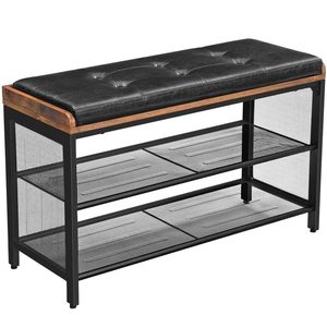 VASAGLE Banca pentru hol, cu raft suport de pantofi, sezut captusit imitatie piele, design industrial, 30x80x48cm, negru cu maro